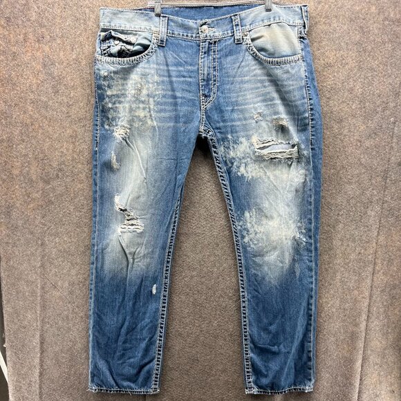Vintage True Religion Jeans Mens 42 Blue Denim Distressed Cotton Straight Ripped